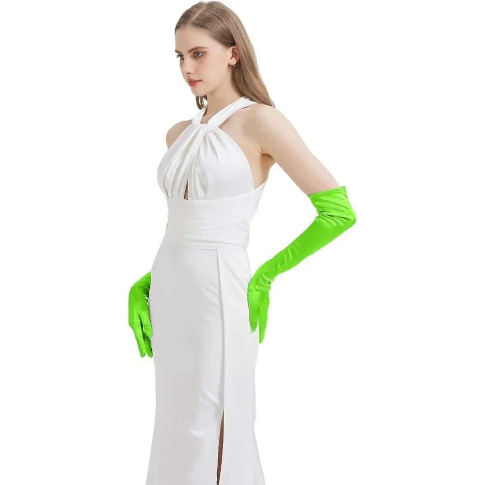 Women's Neon Green Imported Satin Elbow Length Halloween Cosplay Opera Gloves